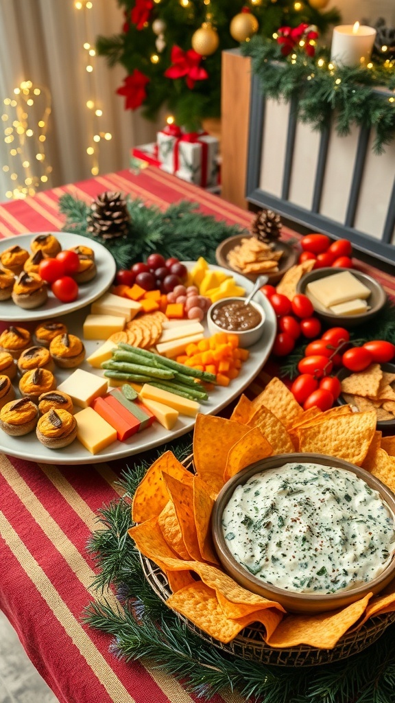 A festive table with holiday appetizers including stuffed mushrooms, cheese platter, cherry tomatoes, and spinach artichoke dip.